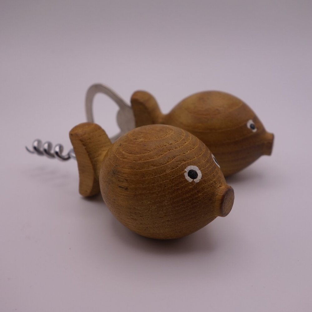 Corkscrew and Bottle Opener with Fish Shaped Wood Handle